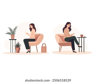 Women sits at soft chairs in front of a coffe tables with decorativ plant. Powdery tones
