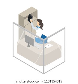 Women sitting in the bank office and working. Bookeeping department. Financial operations and money exchange. Isolated vector isometric illustration