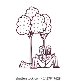 women sitting with book in landscape with trees and plants