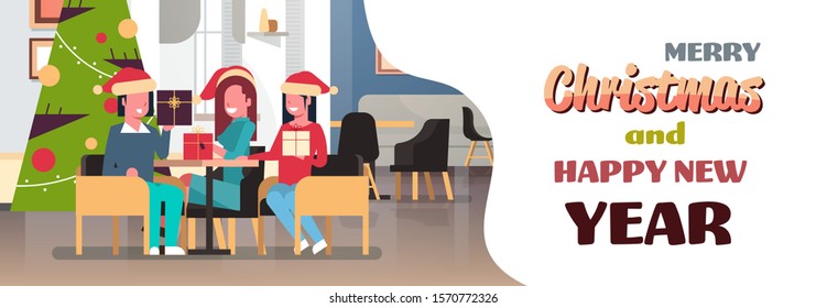 women sitting at cafe table girls giving present boxes to each other celebrating merry christmas happy new year holidays concept modern restaurant interior greeting card full length horizontal vector