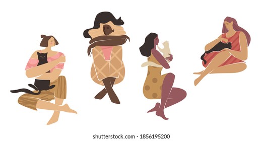 Women sitting with cats in different poses. Modern flat female characters with cats.