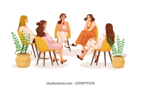 Mujeres sentadas en un círculo discutiendo. Ilustración vectorial