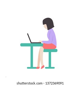Women sitting at the desk and working on laptop, flat illustration, vector isolated