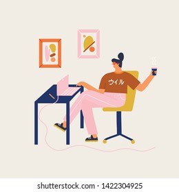 Women sitting at a desk working online on a laptop at home or modern office and drinking cup of coffee. Freelance worker illustration in vector.