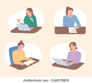 Women sitting at desks and working. I am looking at my laptop and writing and reading a book. flat design style vector illustration.