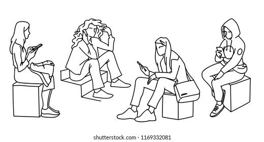 Women sitting in different poses. Sketch. Vector illustration of various girls sitting on cubes and on stair in simple line art style isolated on white background. Concept. Monochromous minimal