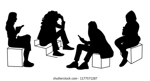 Women sitting in different poses. Stencil. Vector illustration of various girls with phone sitting on boxes or stairs. Black silhouettes isolated on white background. Concept. Monochromous minimalism.