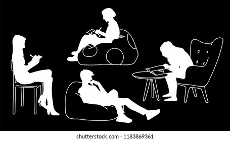 Women sitting in different poses. Stencil. Vector illustration of various girls sitting on chairs or on big pillows. White silhouettes isolated on black background. Concept. Monochromous minimalism.