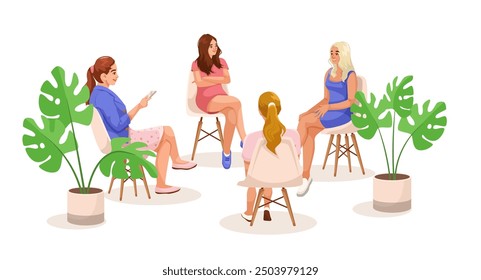 Women sitting in a discussion circle with plants. Vector illustration