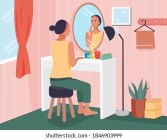 mujeres sentadas frente a la mesa de maquillaje usando rutina de cuidado de la piel con ilustración de vector interior de habitación. utilizado para la ilustración de la página de inicio, la imagen del sitio web y otros