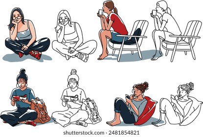 Women Sitting in Modern Home Comfort: A Happy Work and Study Lifestyle
