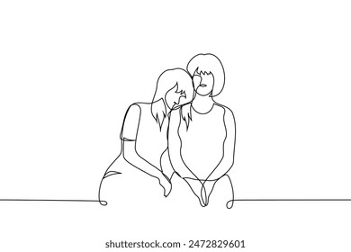 las mujeres están sentadas cerca, una de ellas bajó la cabeza en el hombro de su amiga - una línea de Vector de arte. concepto hermanas, Asistencia femenina, amistad, relación lesbiana. Vector hecho a mano no AI