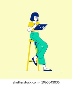 Women Sitting on Chairs holding Gadgets, Vector Illustration Characters.