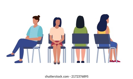 Women are sitting on chairs. Women sit in different poses on chairs turned from different sides. Vector set