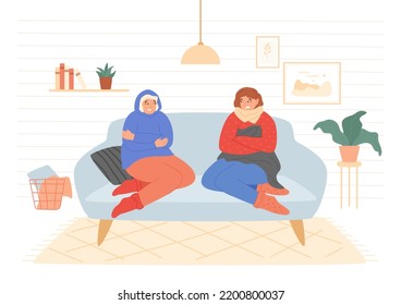 Women sitting on couch and freezing. Unhappy characters at home wrapped up in sweater, scarf, hoodie and hugging themselves. Economy and financial crisis concept. Simple interior, vector illustration.