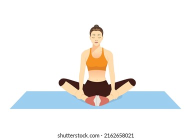 Women sitting on the floor doing butterfly stretch exercise pose. Illustration about workout diagram for relaxing muscles at hip, spine, leg, thign.