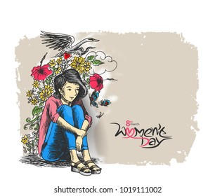 Women sitting on floor for Happy Women's Day greeting card design. Hand Drawn Sketch Vector illustration.