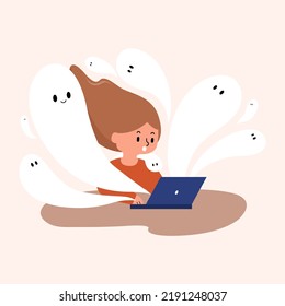 Women sitting on front of laptop There is a ghost coming out of the screen.Vector illustration