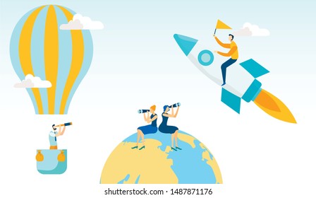 Frauen, die mit Binokeln auf der Erde sitzen, auf dem Mann schauen, der mit Flag auf Rakete fliegt und mit dem Teleskop auf Hot Air Ballon Flat Cartoon Vektorillustration Illustration. Business Workers Starting Project.