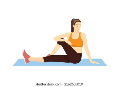 Women sitting on the ground and doing stretch exercise poses with cross legs. Illustration about workout diagram for relaxing muscles at the hip, back, leg, and thign.