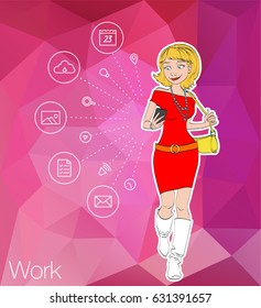 Women sitting on mobile app icons and using smartphone for reading news and texting message to friends. Flat concept illustration of app addiction