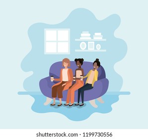 women sitting on sofa with coffee avatar character