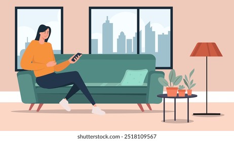 Frauen, die auf einem Sofa im Wohnzimmer sitzen und ein Mobiltelefon benutzen, mit einem durch das Fenster sichtbaren Blick auf die Stadt. Vektorgrafik-Design.