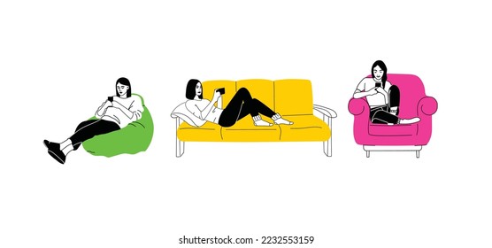 Women sitting on sofa pouf holds smartphone in her hand. Casual lady and browsing social media on mobile device. Girls on couch uses phone for chatting and surfing internet