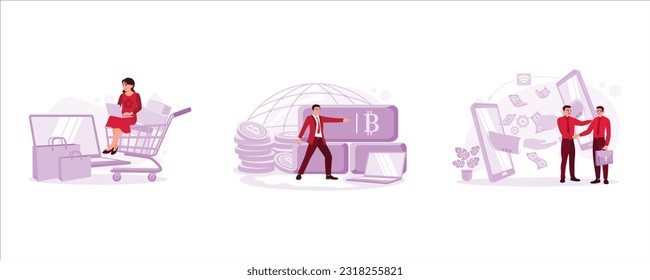 Women are sitting on trolleys and shopping online. Businessman pressing bitcoin symbol and icon. Two business colleagues transacting and shaking hands. Trend Modern vector flat illustration.