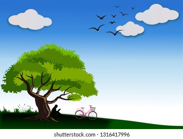 women sitting reading a book under a big tree on Bright blue day, group of birds flying through
,vector and illustration.