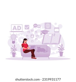 Women sitting relaxed in the living room accompanied by a pet cat, studying with a laptop and taking online courses. Trend Modern vector flat illustration.