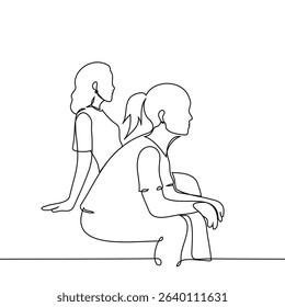 women sitting side by side in profile looking in one direction - one line art vector. concept female friends, sisters, silence together, quiet, quarrel. Handmade vector not AI