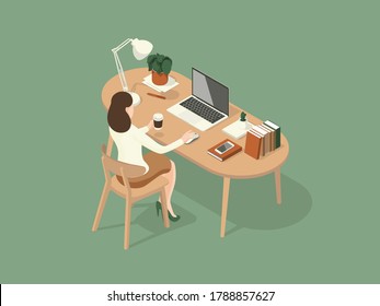 mujeres sentadas y tomando café mientras trabajan en el escritorio. Isomtric Illustration acerca de trabajar sobre la mesa.