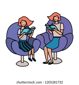 women sitting in sofa with book avatar character