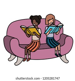 women sitting in sofa with book avatar character