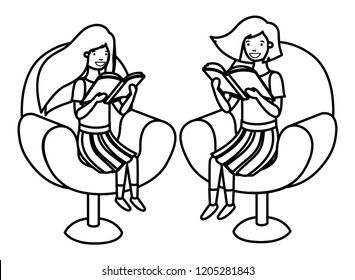 women sitting in sofa with book avatar character