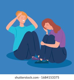 women sitting with stress attack vector illustration design