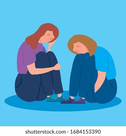 women sitting with stress attack vector illustration design