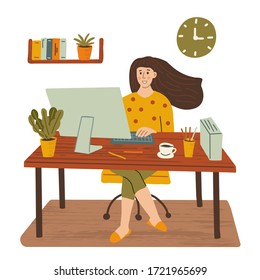 The women is sitting at a table with a computer at home. Remote work, freelance. Hand drawn illustration with texture. 