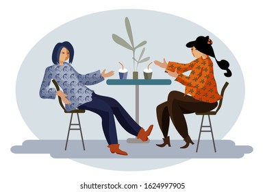 Women sitting together at table, drinking coffee and talking. Flat Cartoon Vector Illustration.
