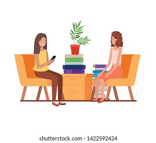 women sitting in the work office with white background