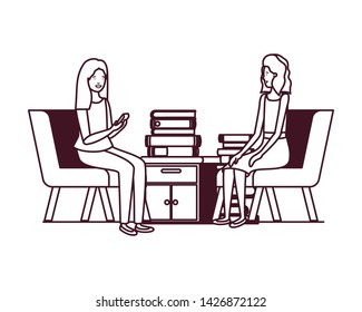 women sitting in the work office with white background