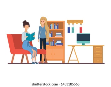 women sitting in the work office with white background