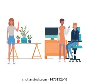 women sitting in the work office with white background