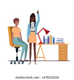 women sitting in the work office with white background