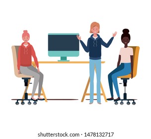 women sitting in the work office with white background