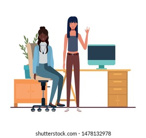 women sitting in the work office with white background