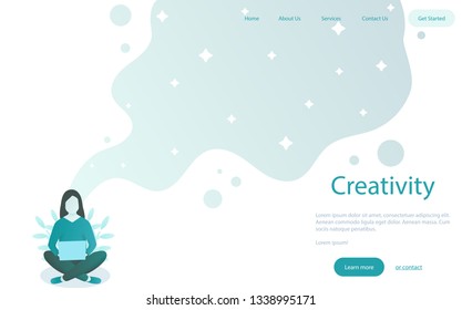 Women Sitting working on a laptop Illustration for landing page. Landing page template with young girl and laptop
