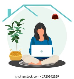 Women sitting and working online at home illustration. Social distancing and self-isolation during coronavirus quarantine. Self-quarantine concept. Person working on laptop. Vector stock illustration