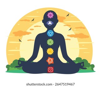 mulheres sentadas na posição de meditação ioga representando Sete chakras principais no parque na ilustração do vetor do pôr do sol	
